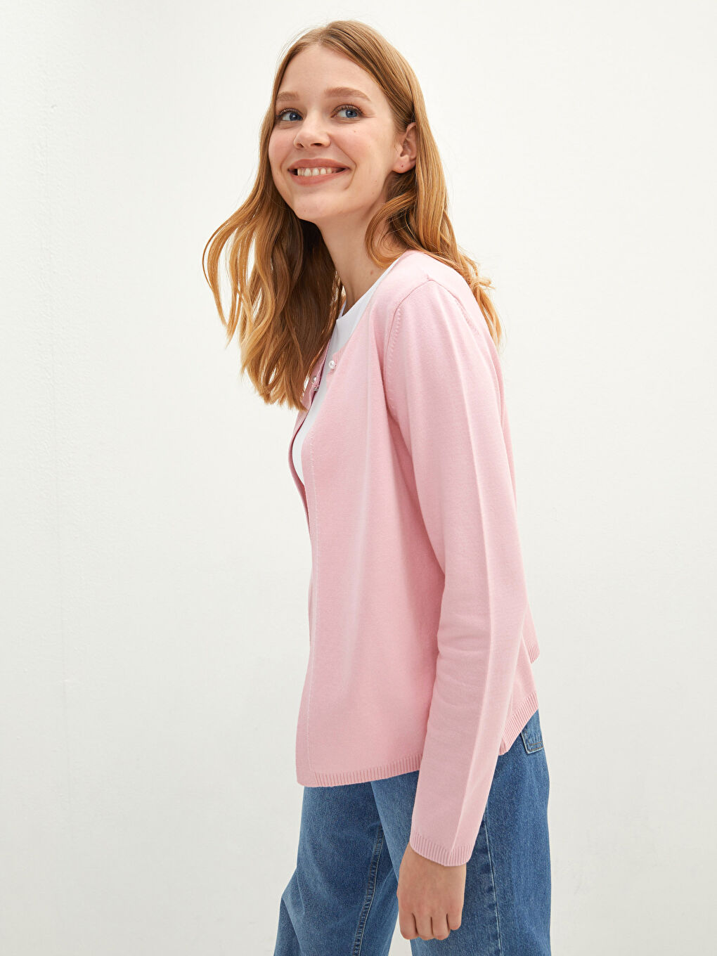 Pembe Bisiklet Yaka Düz Uzun Kollu Kadın Triko Hırka-1