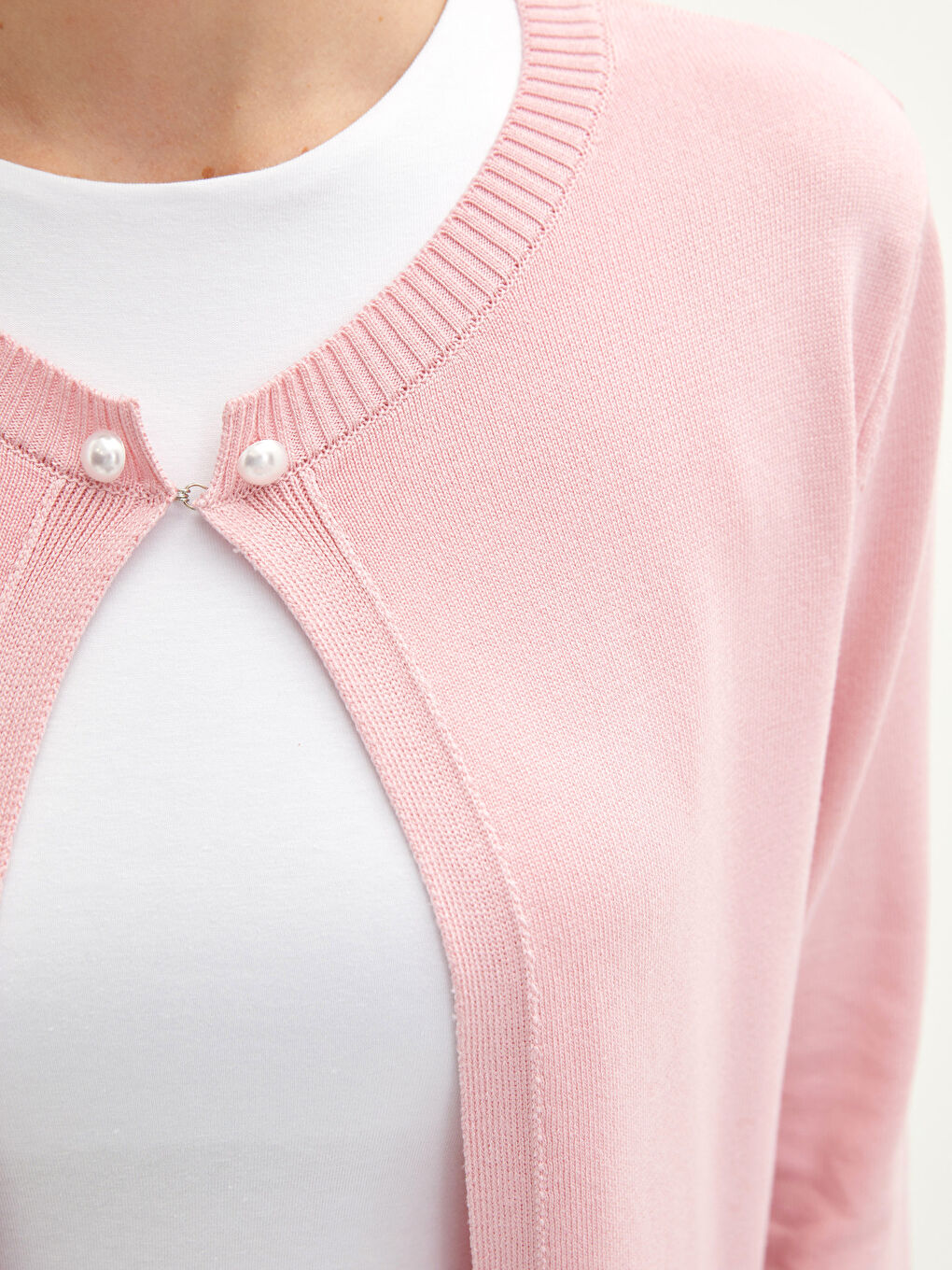 Pembe Bisiklet Yaka Düz Uzun Kollu Kadın Triko Hırka-3
