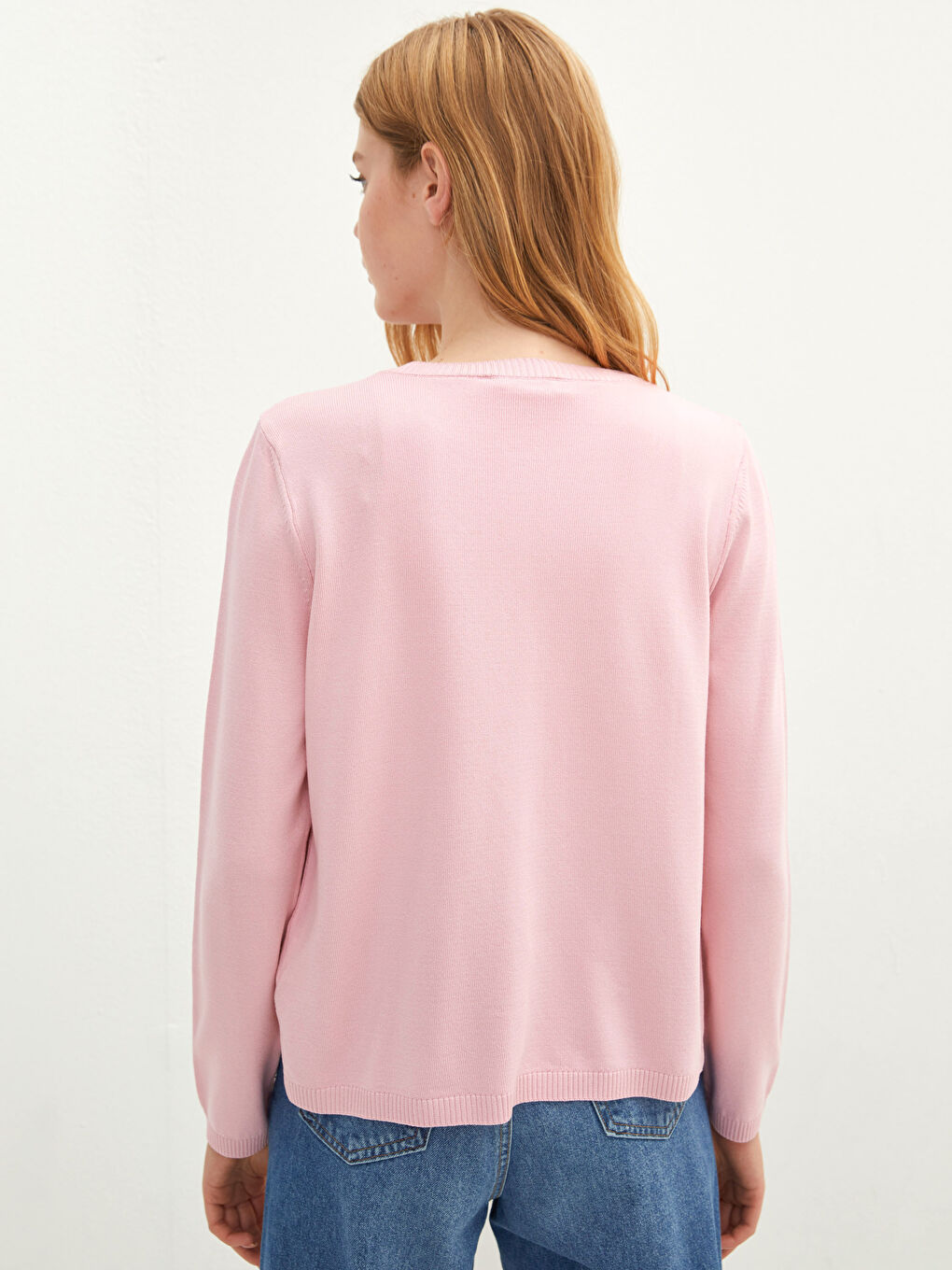 Pembe Bisiklet Yaka Düz Uzun Kollu Kadın Triko Hırka-4