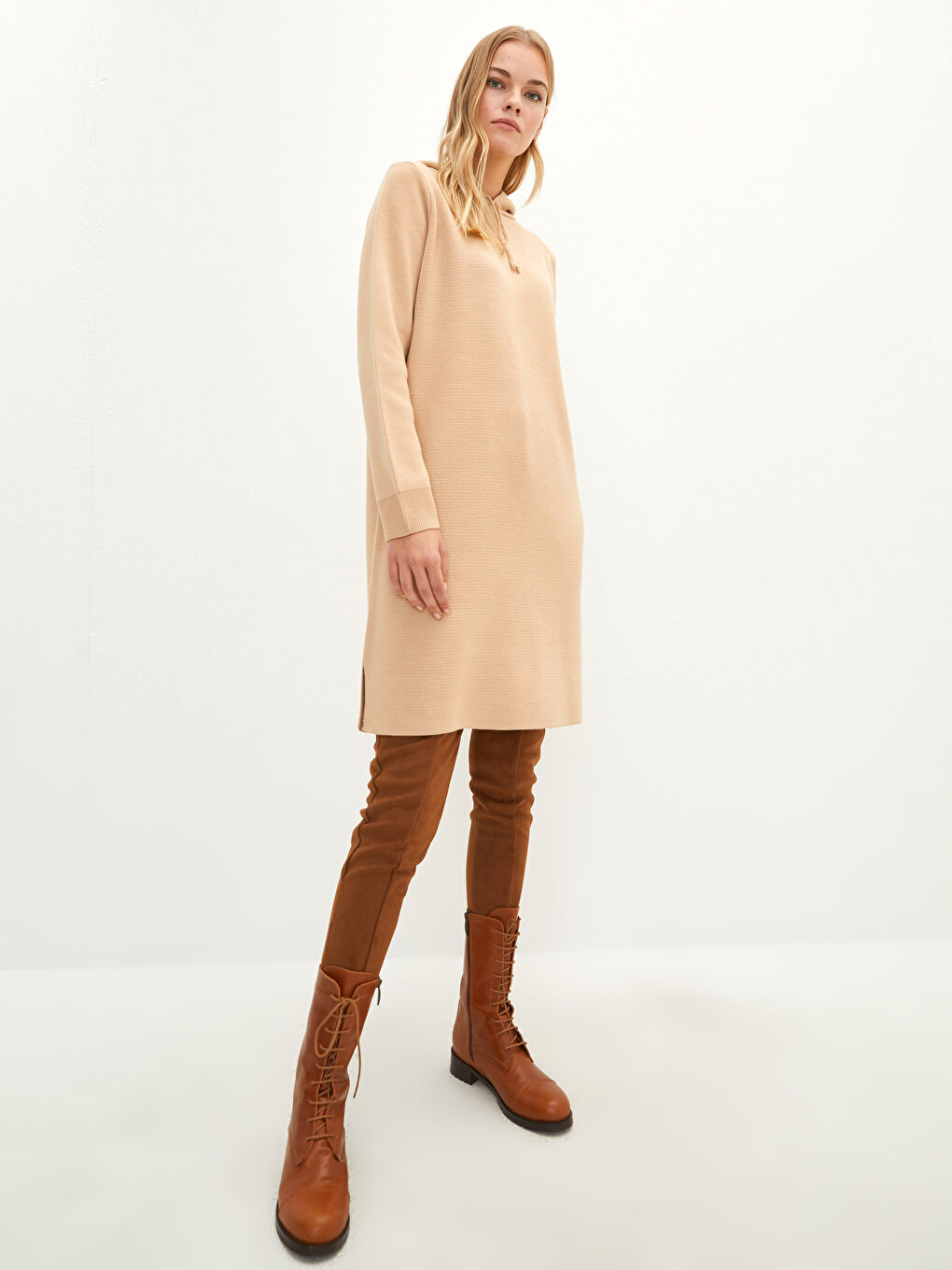 Bej Kapüşonlu Düz Uzun Kollu Kadın Triko Tunik-2