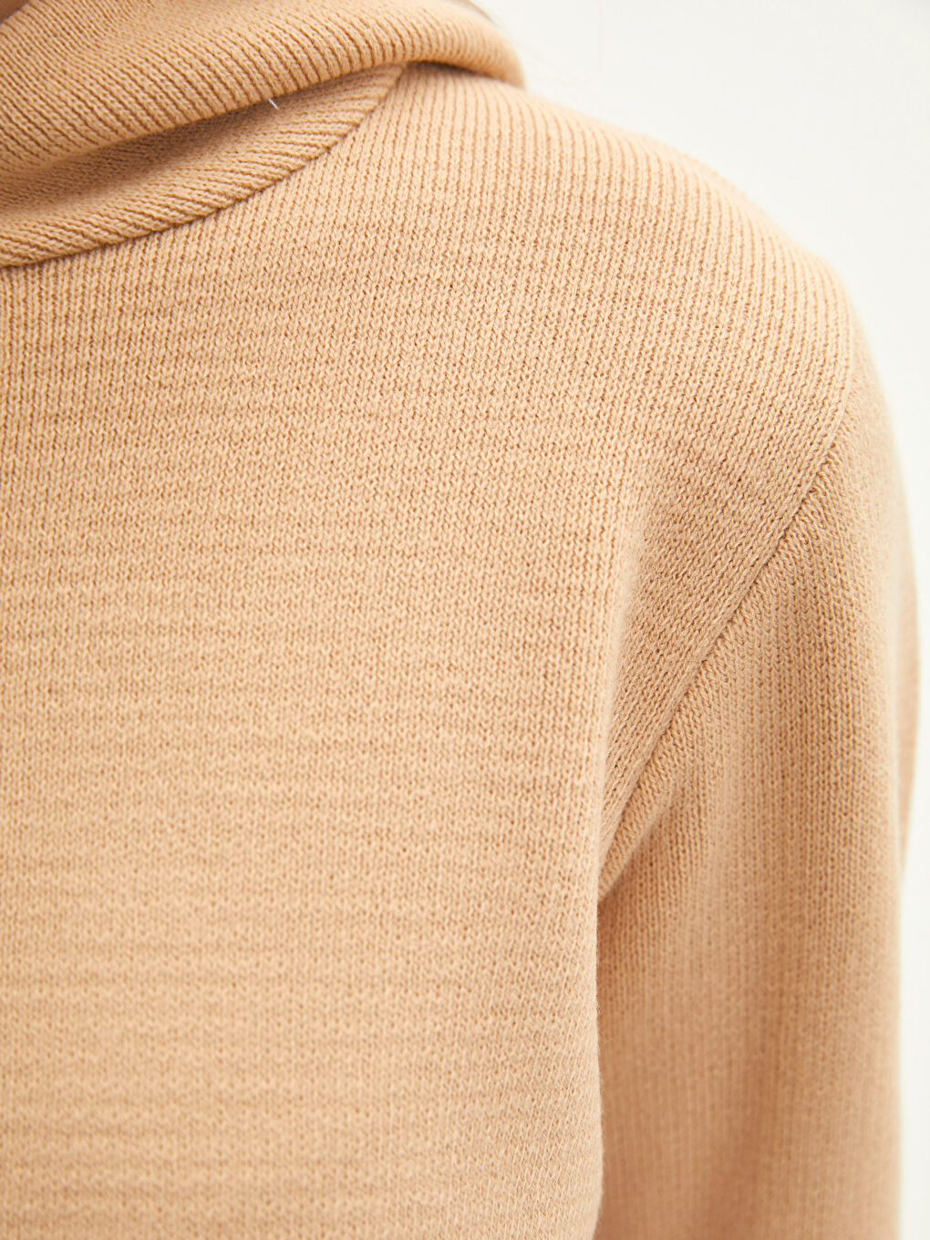 Bej Kapüşonlu Düz Uzun Kollu Kadın Triko Tunik-3