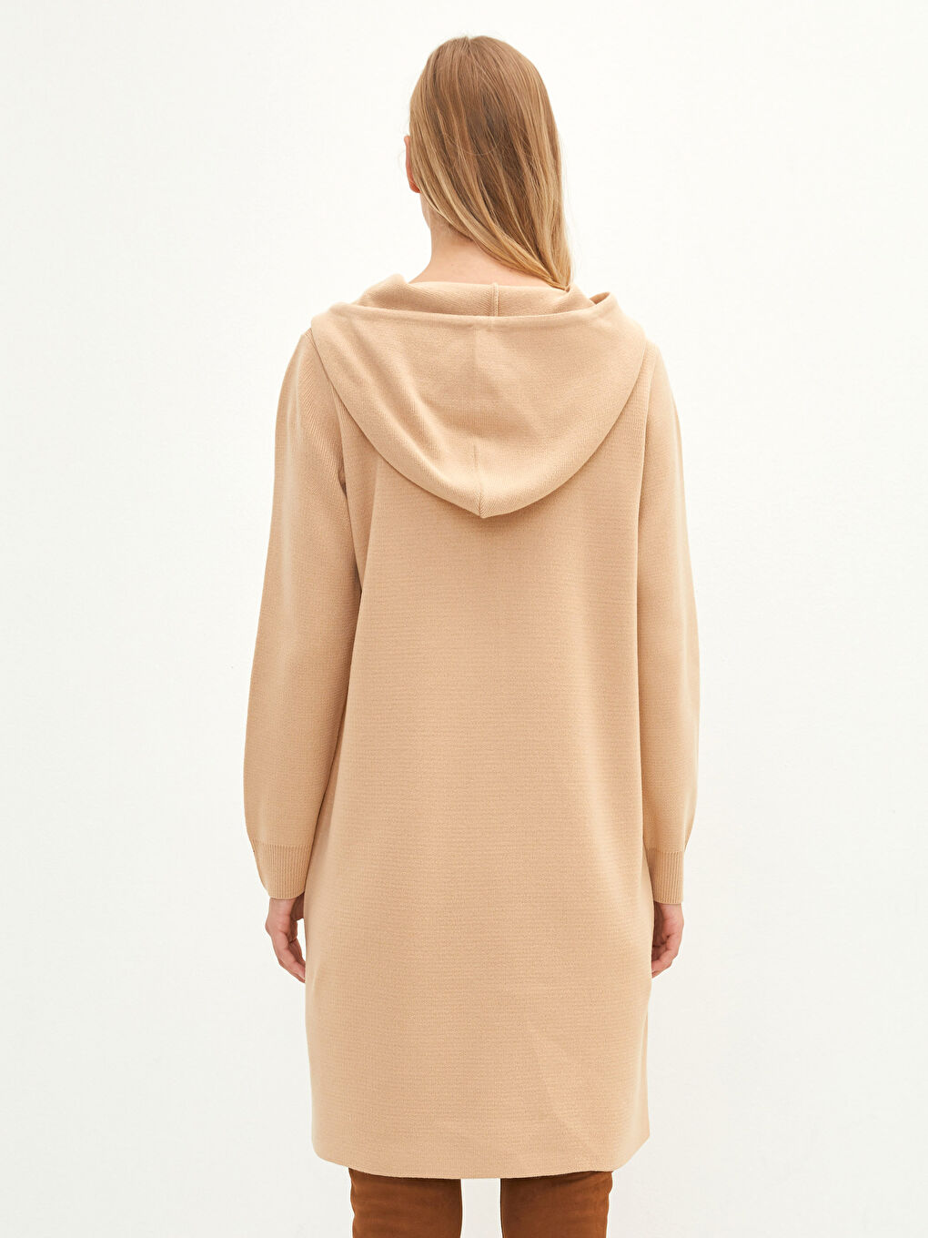 Bej Kapüşonlu Düz Uzun Kollu Kadın Triko Tunik-4