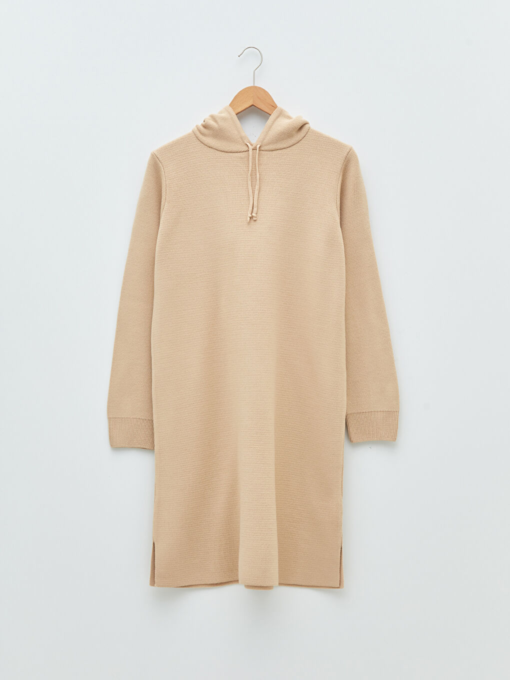Bej Kapüşonlu Düz Uzun Kollu Kadın Triko Tunik-5