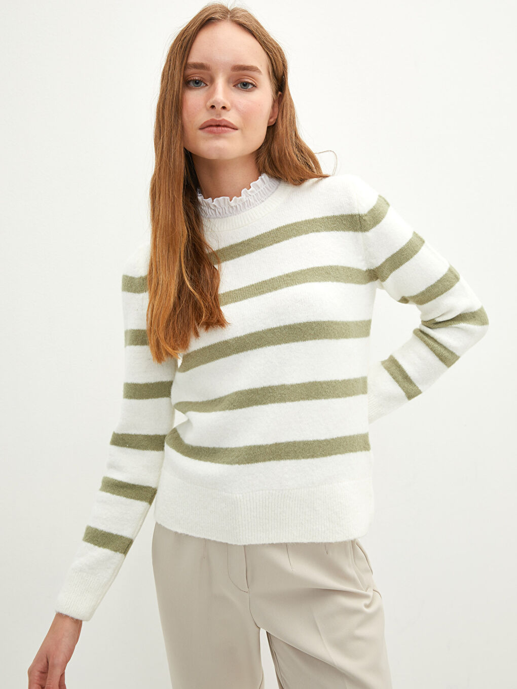 Gerüschter Hoher Kragen Gestreifter Langarm Pullover für Damen