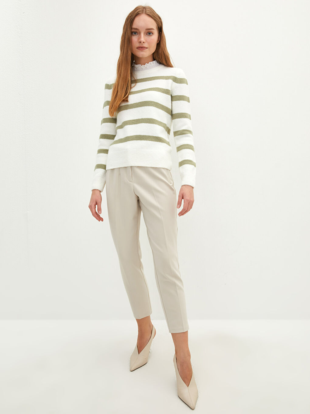 Gerüschter Hoher Kragen Gestreifter Langarm Pullover für Damen-1