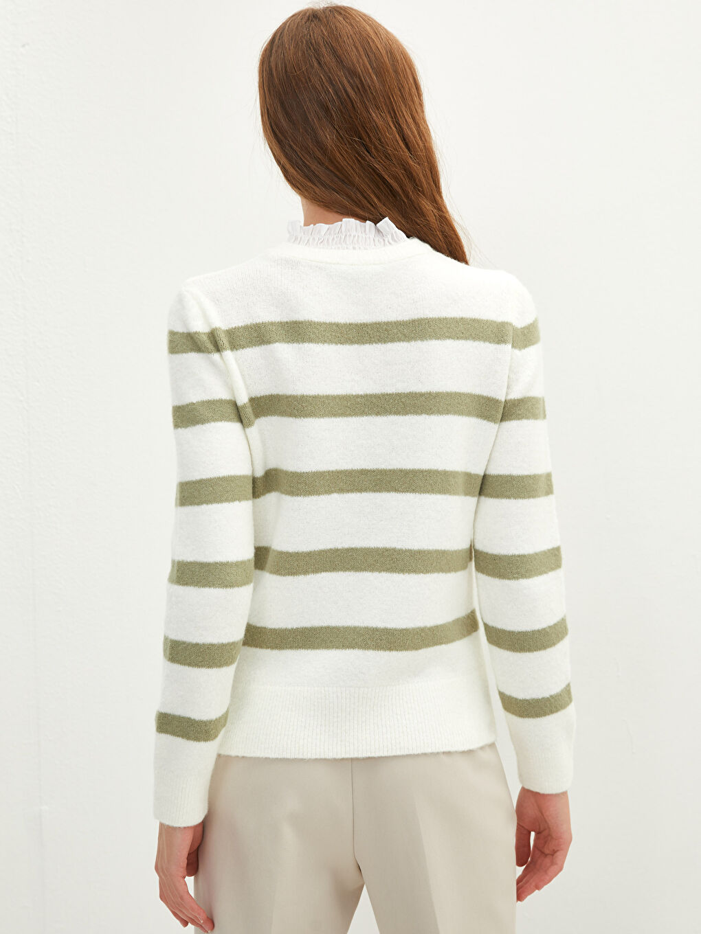 Gerüschter Hoher Kragen Gestreifter Langarm Pullover für Damen-3