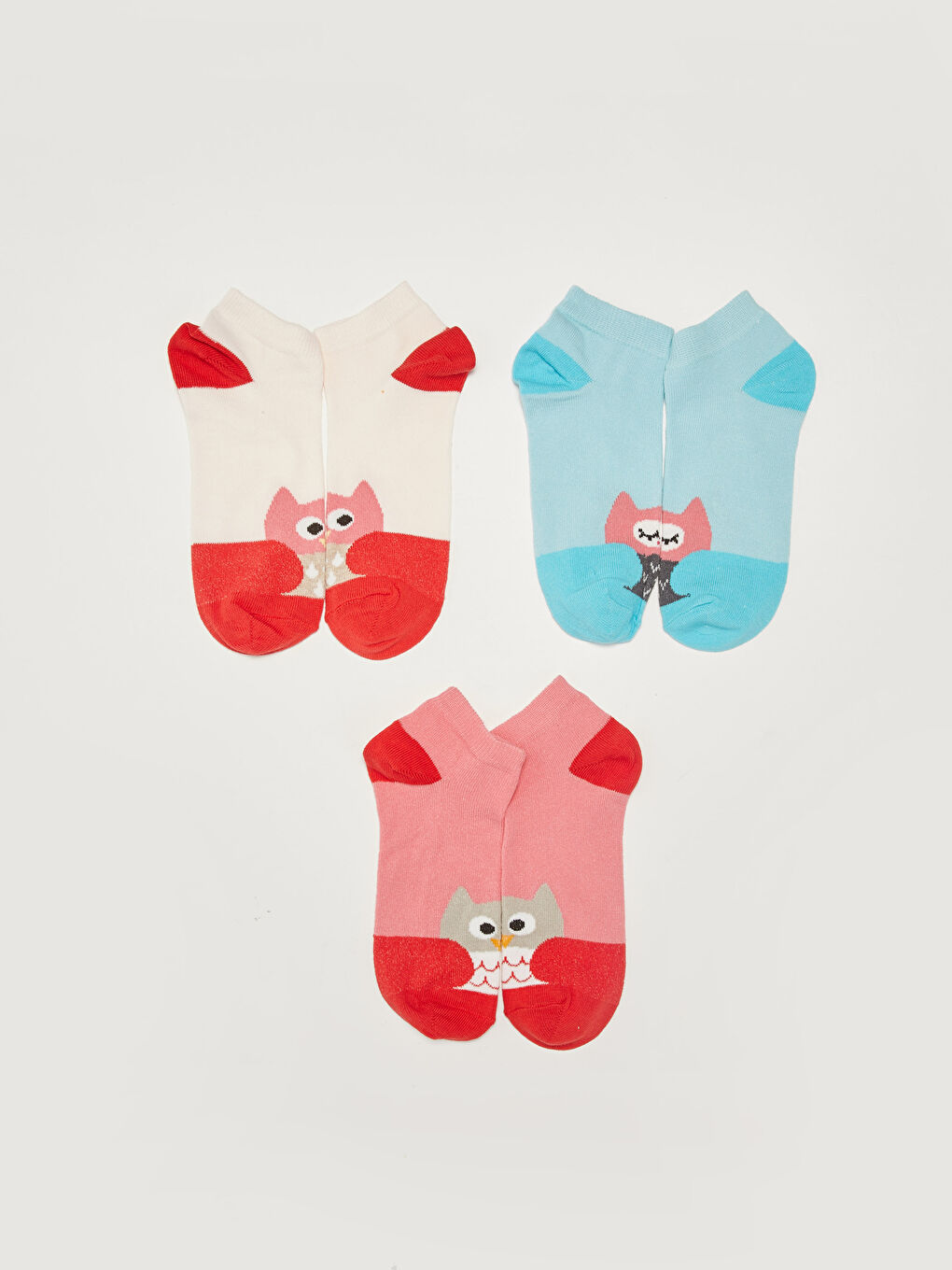 Pembe Desenli Kadın Patik Çorap 3'lü-1