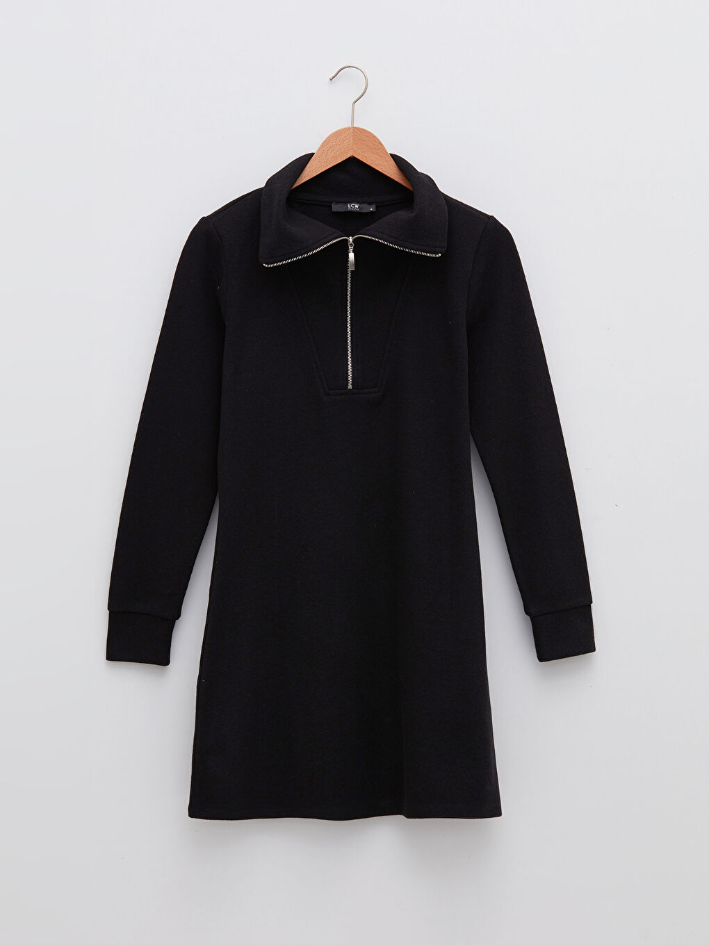 Siyah Dik Yaka Düz Uzun Kollu Kadın Elbise-5