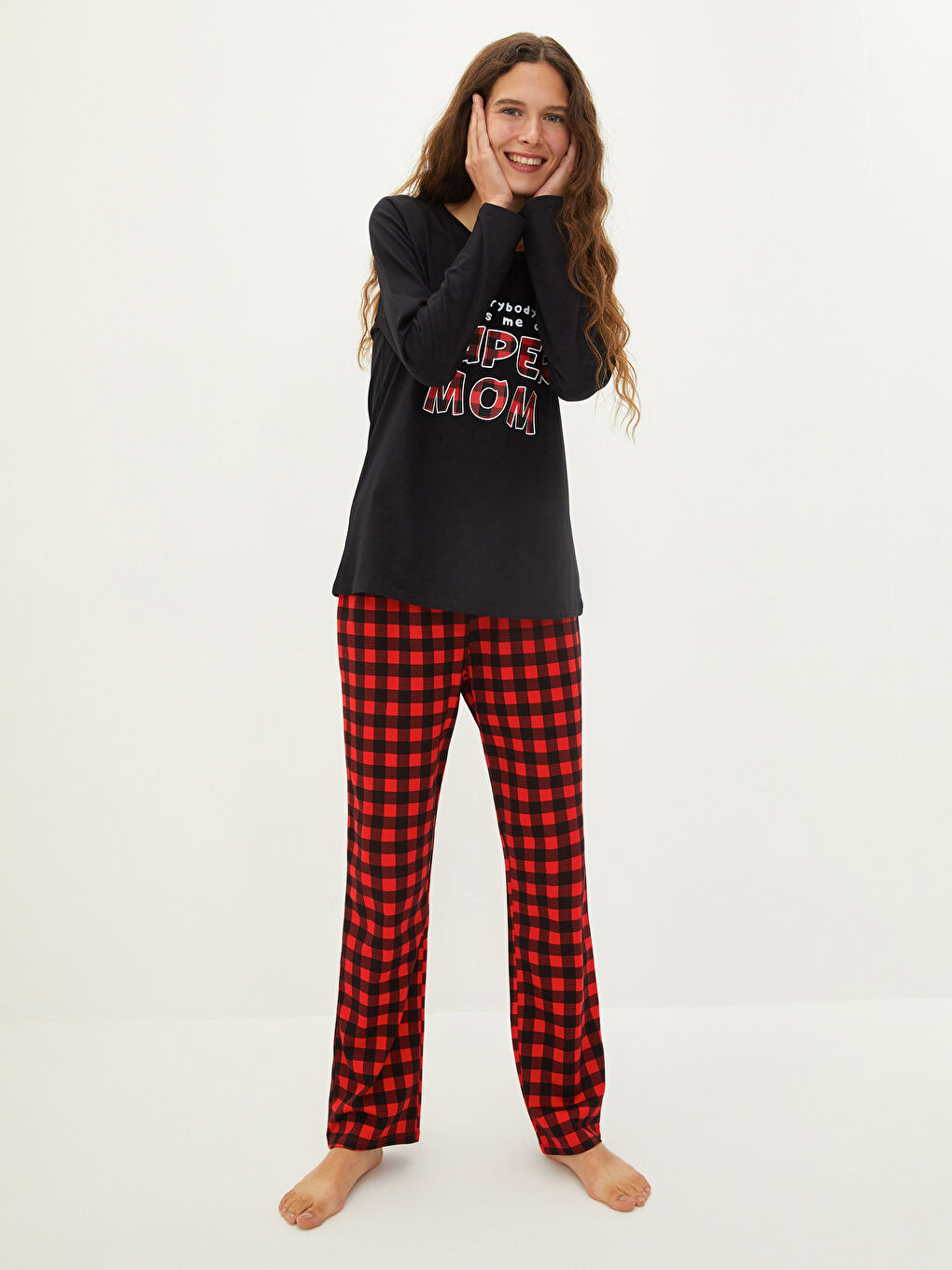 طقم بيجامة كم طويل ياقة دائرية مطبوع قطن للسيدات-1