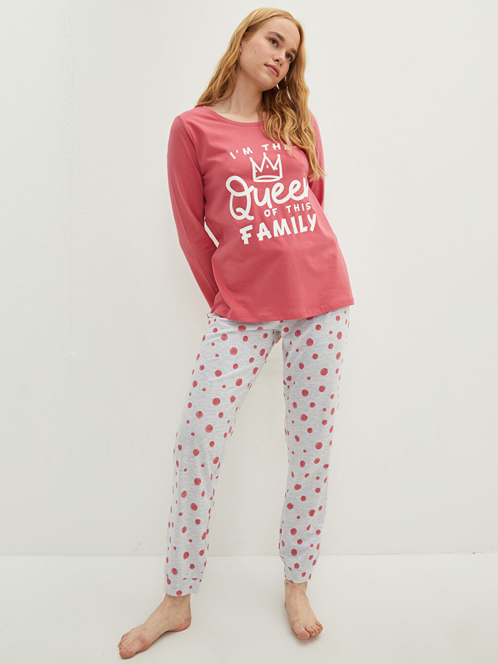 طقم بيجامة كم طويل ياقة دائرية مطبوع قطن للسيدات