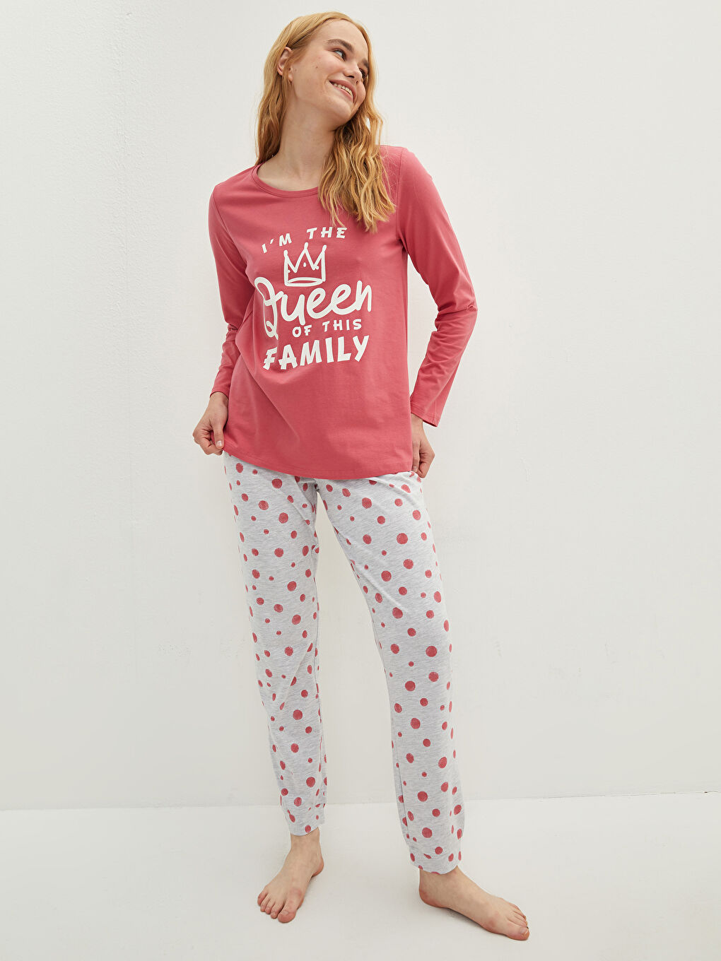 طقم بيجامة كم طويل ياقة دائرية مطبوع قطن للسيدات-1