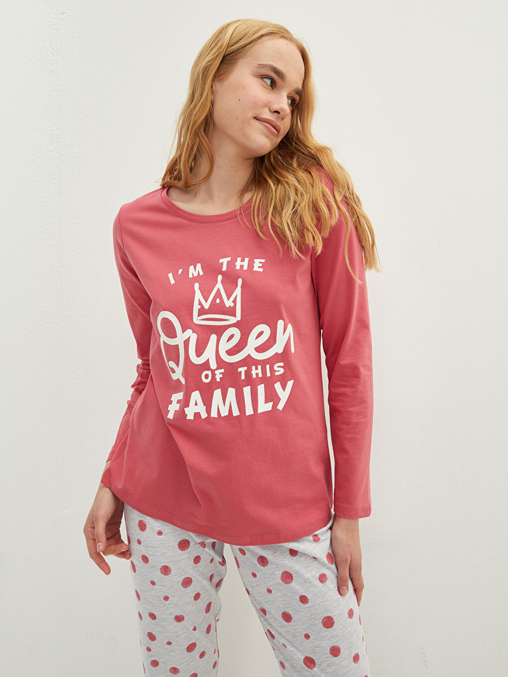 طقم بيجامة كم طويل ياقة دائرية مطبوع قطن للسيدات-2