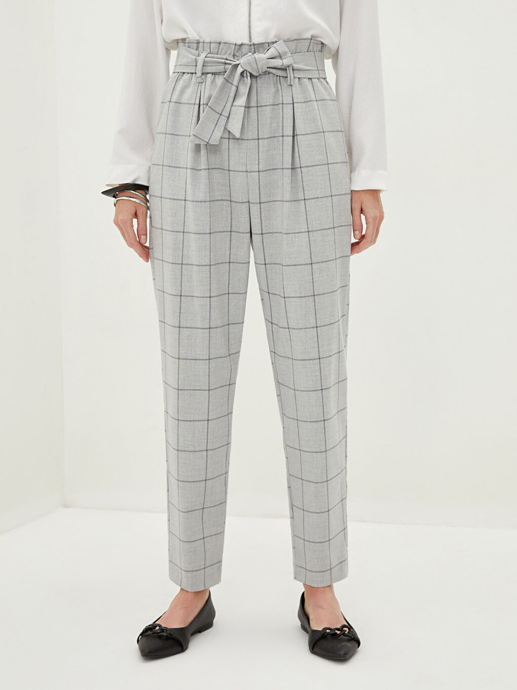 Брюки Женские Клетчатые С Широкой Посадкой На Эластичной Талии-3