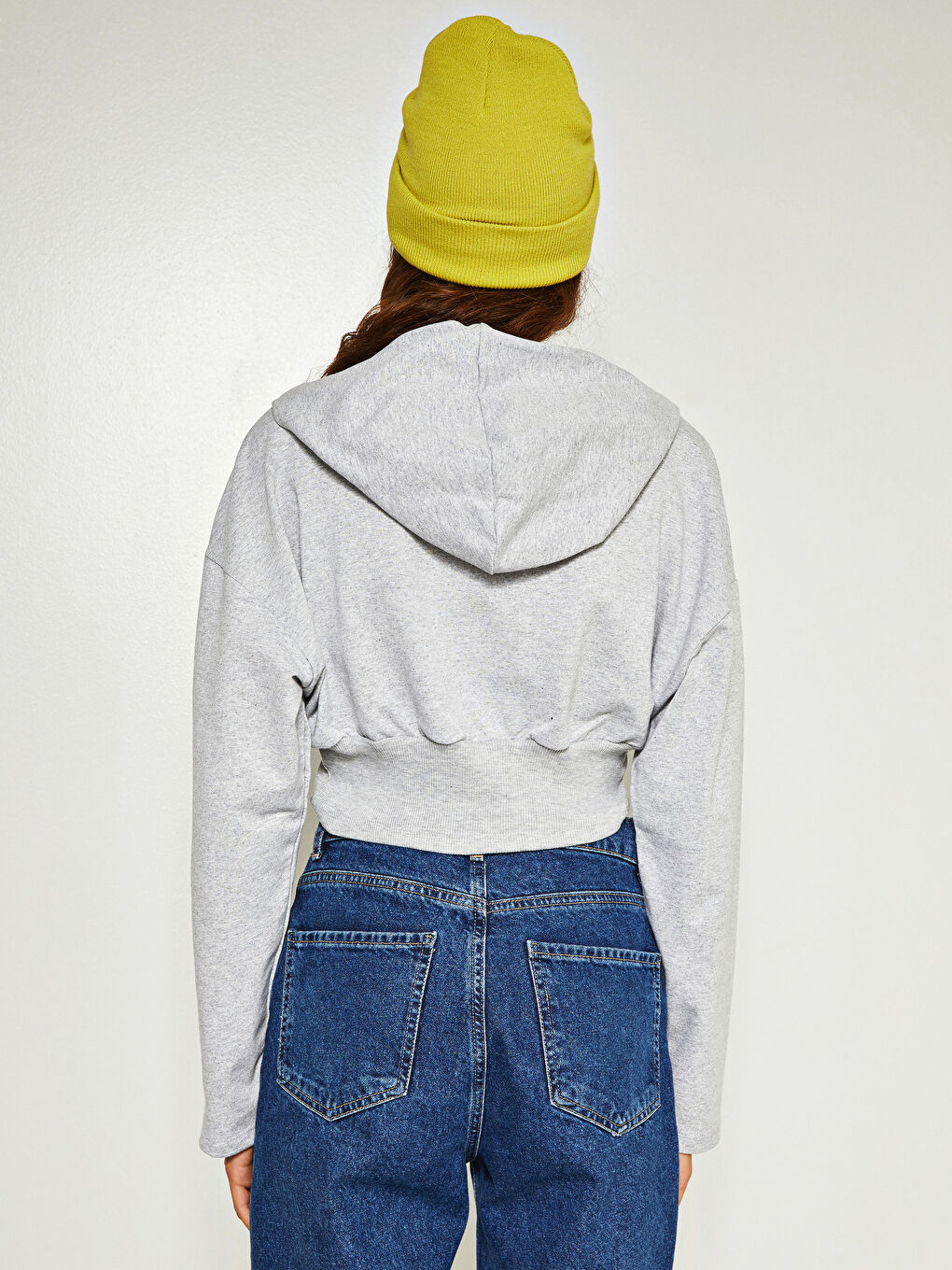 Gri Kapüşonlu Baskılı Uzun Kollu Korsaj Detaylı Kadın Sweatshirt-4