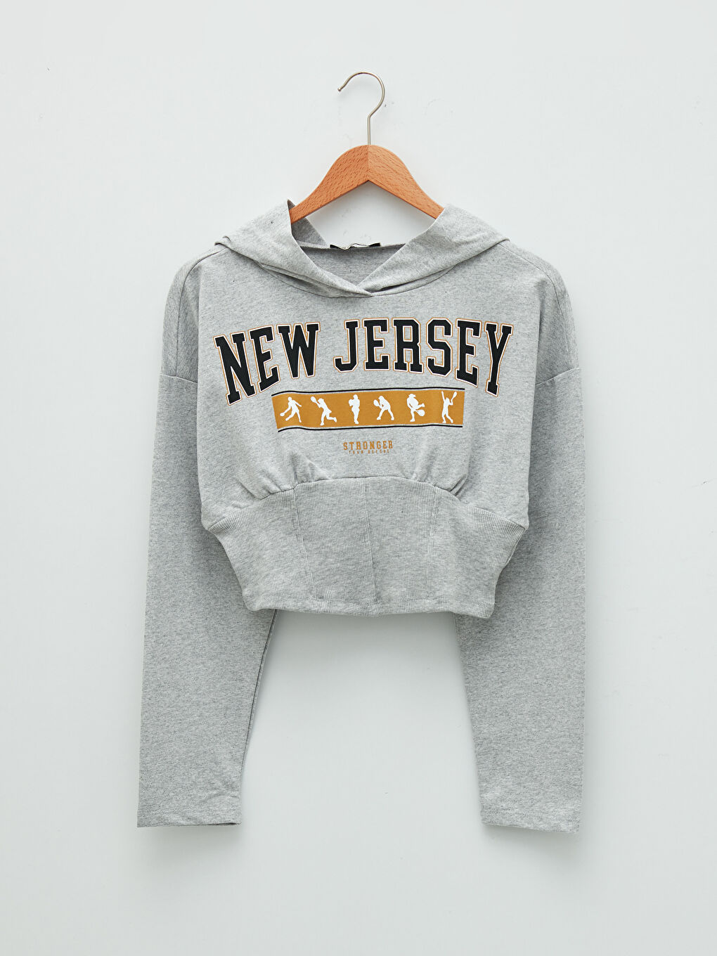 Gri Kapüşonlu Baskılı Uzun Kollu Korsaj Detaylı Kadın Sweatshirt-5