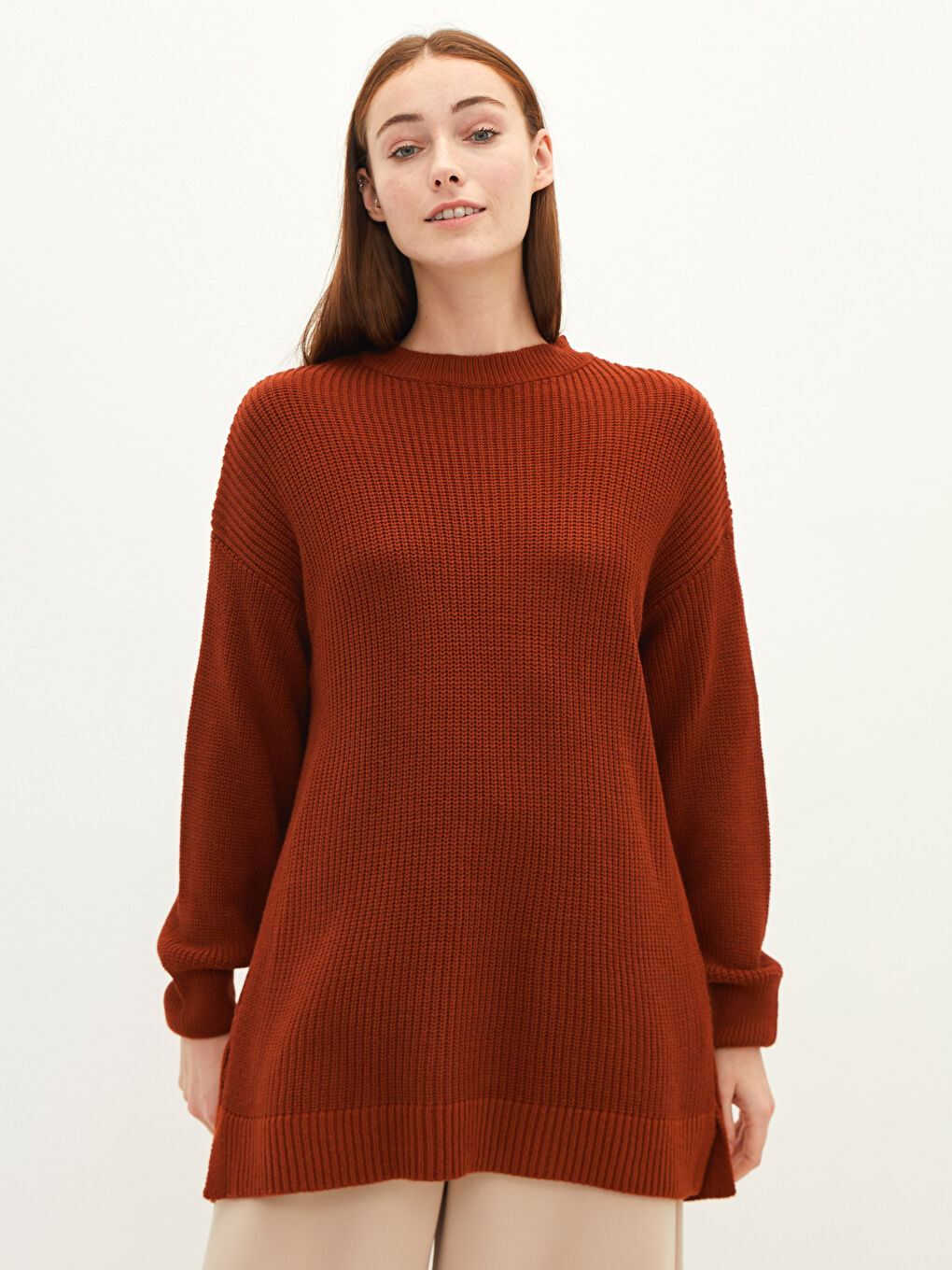 Kahverengi Bisiklet Yaka Düz Uzun Kollu Kadın Triko Tunik-1