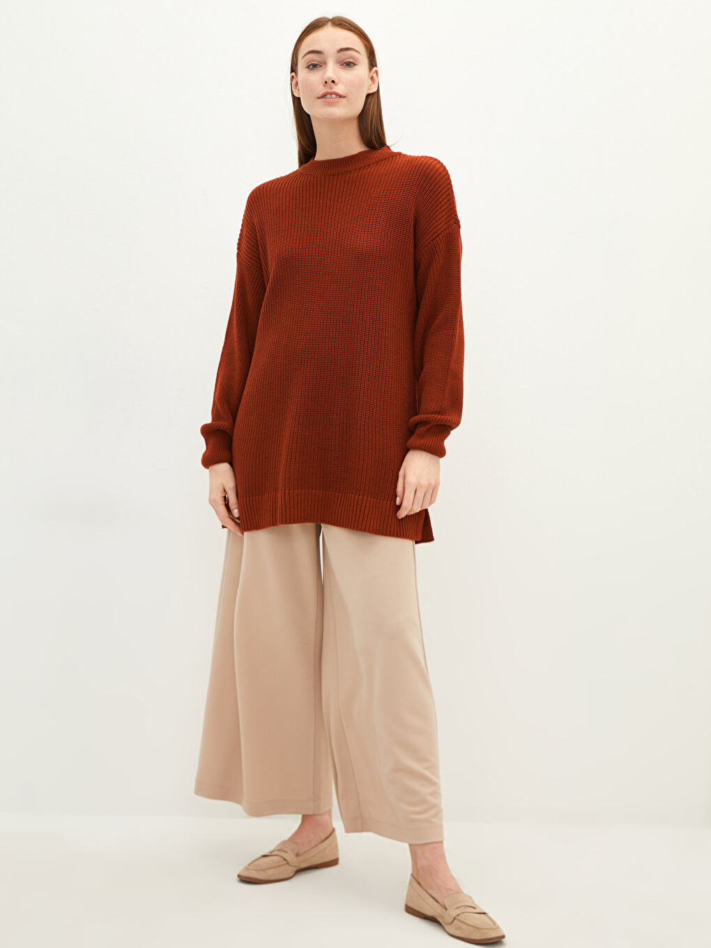 Kahverengi Bisiklet Yaka Düz Uzun Kollu Kadın Triko Tunik-3