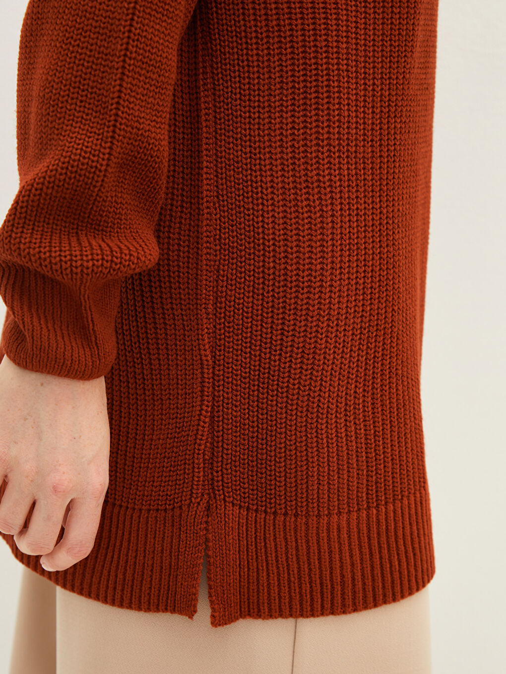 Kahverengi Bisiklet Yaka Düz Uzun Kollu Kadın Triko Tunik-5