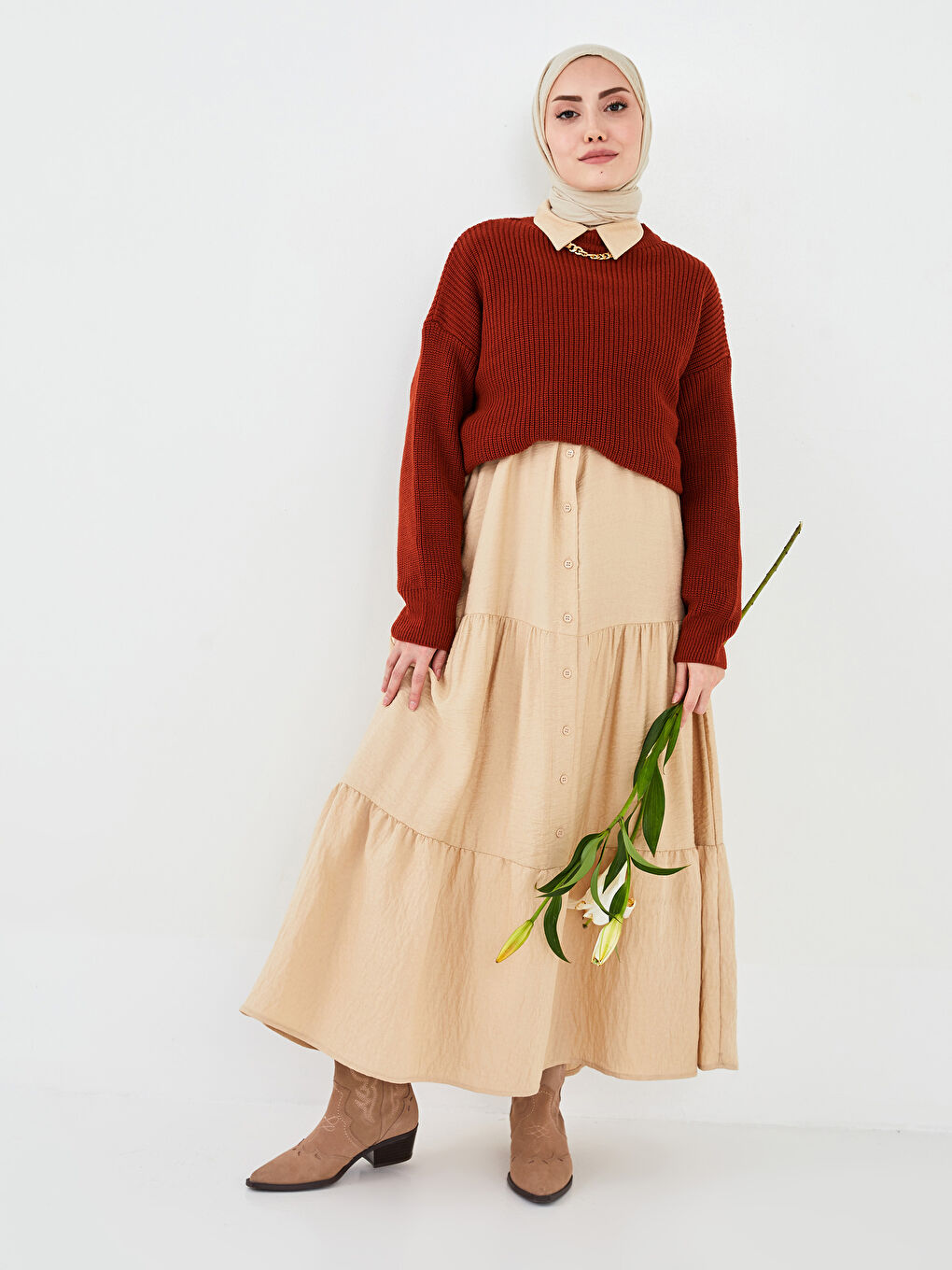 Kahverengi Bisiklet Yaka Düz Uzun Kollu Kadın Triko Tunik-6