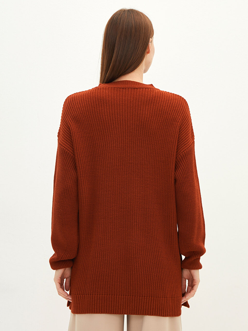 Kahverengi Bisiklet Yaka Düz Uzun Kollu Kadın Triko Tunik-7