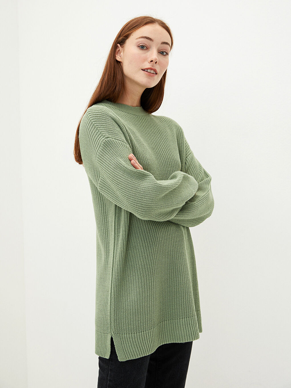 Yeşil Bisiklet Yaka Düz Uzun Kollu Kadın Triko Tunik