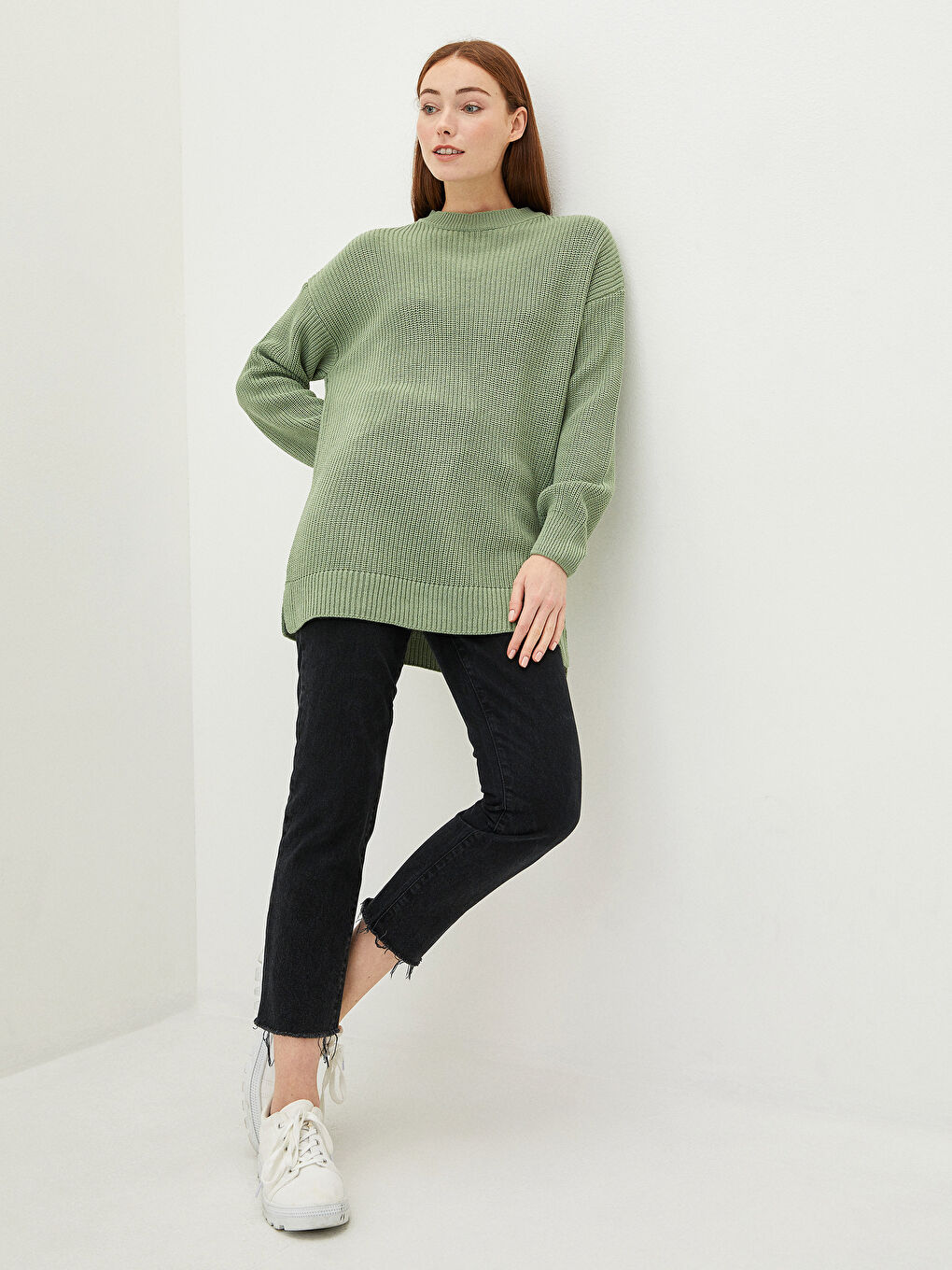 Yeşil Bisiklet Yaka Düz Uzun Kollu Kadın Triko Tunik-1