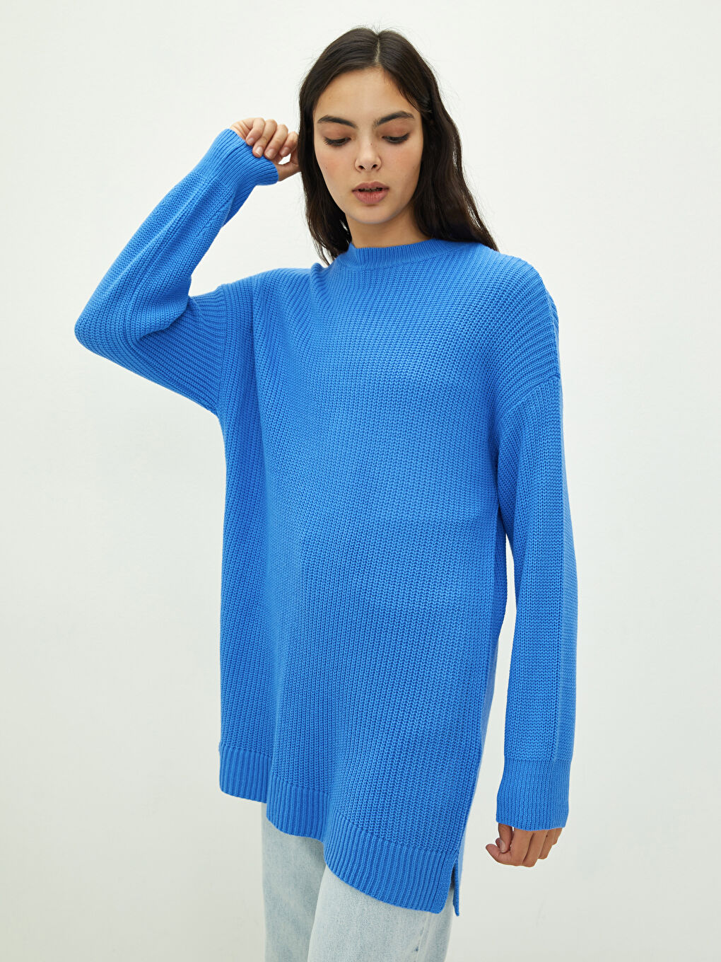 Mavi Bisiklet Yaka Düz Uzun Kollu Kadın Triko Tunik