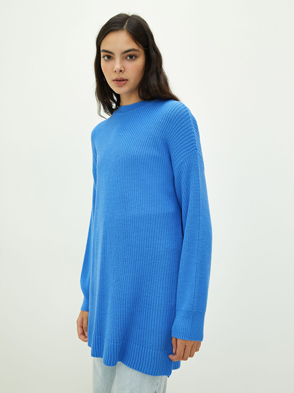 Mavi Bisiklet Yaka Düz Uzun Kollu Kadın Triko Tunik-1