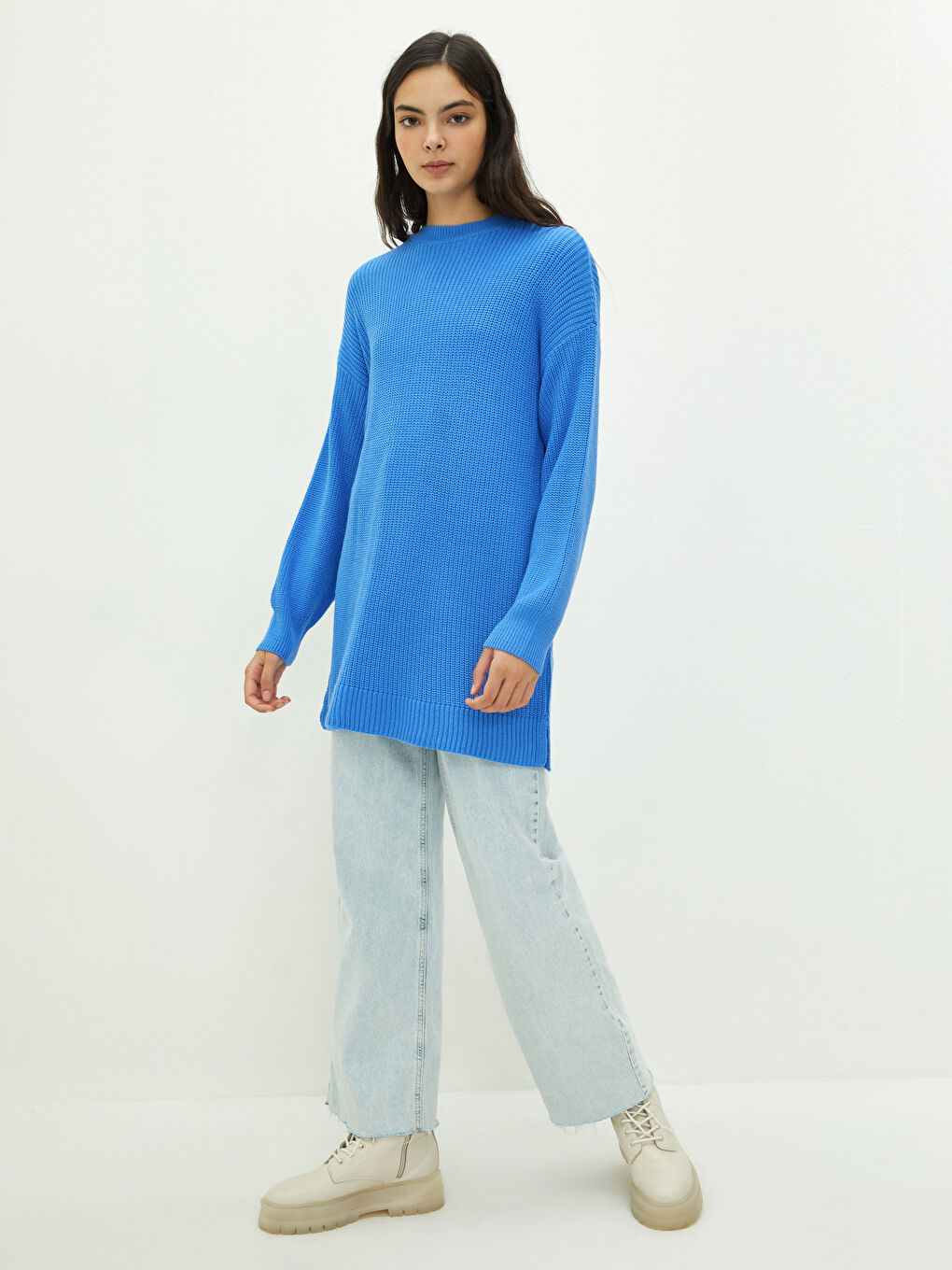 Mavi Bisiklet Yaka Düz Uzun Kollu Kadın Triko Tunik-2