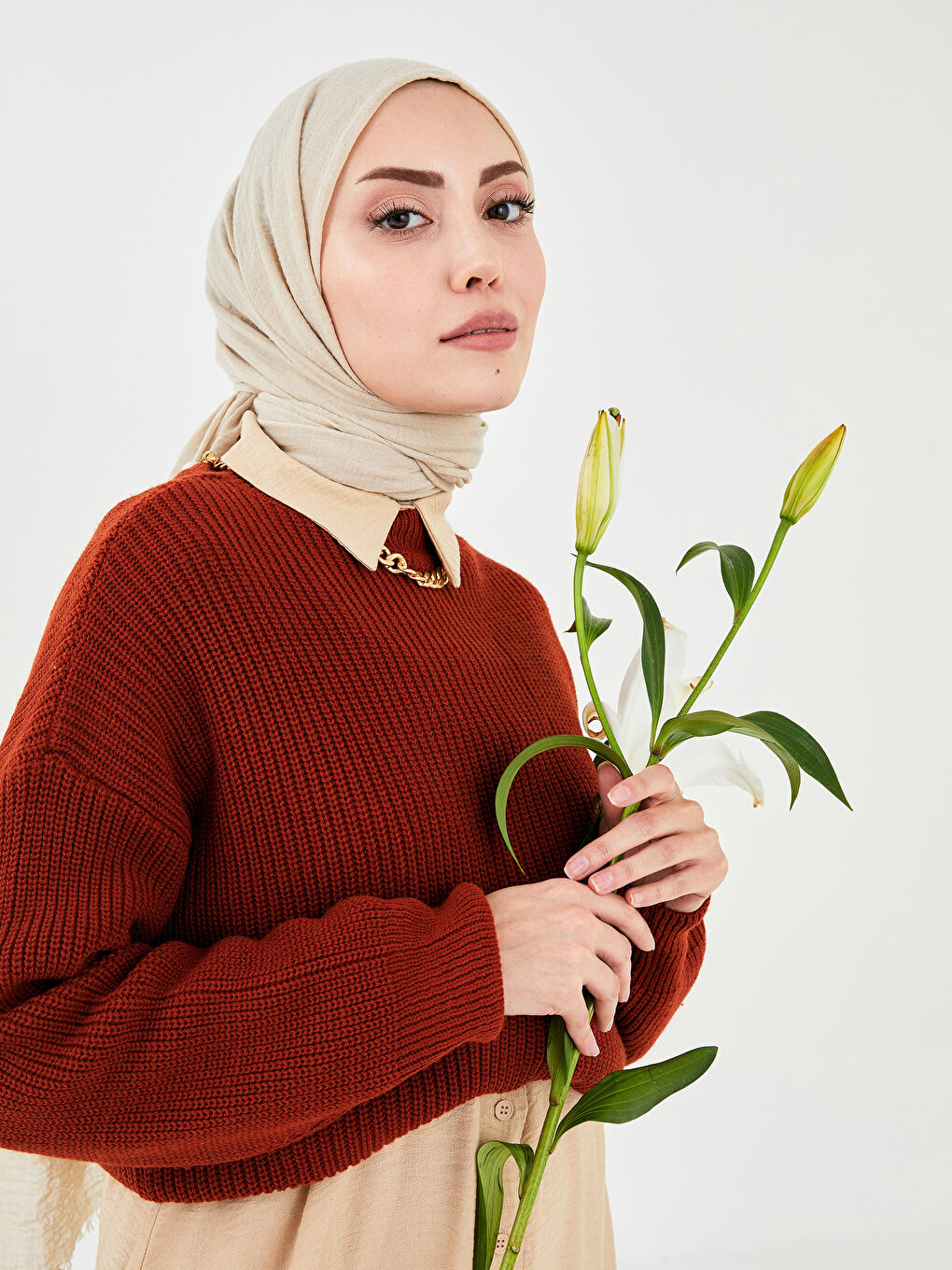 Kahverengi Bisiklet Yaka Düz Uzun Kollu Kadın Triko Tunik