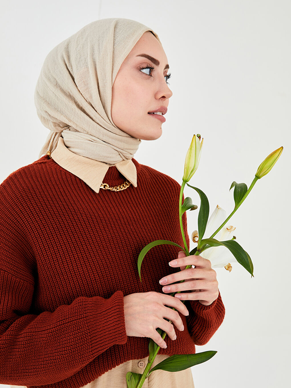 Kahverengi Bisiklet Yaka Düz Uzun Kollu Kadın Triko Tunik-2