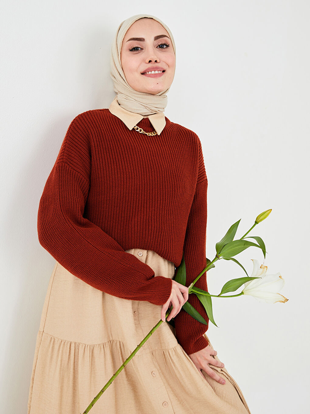 Kahverengi Bisiklet Yaka Düz Uzun Kollu Kadın Triko Tunik-4