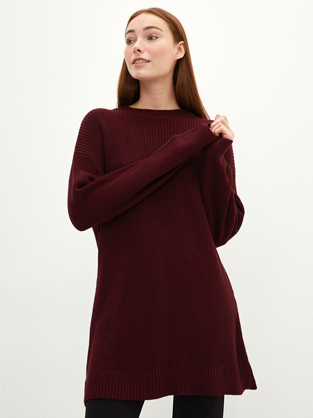 Kahverengi Bisiklet Yaka Düz Uzun Kollu Kadın Triko Tunik