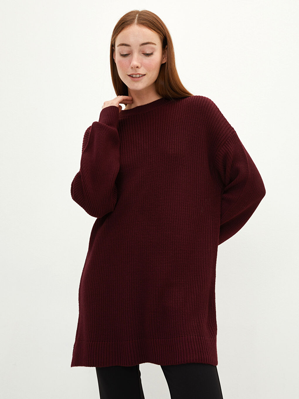 Kahverengi Bisiklet Yaka Düz Uzun Kollu Kadın Triko Tunik-1