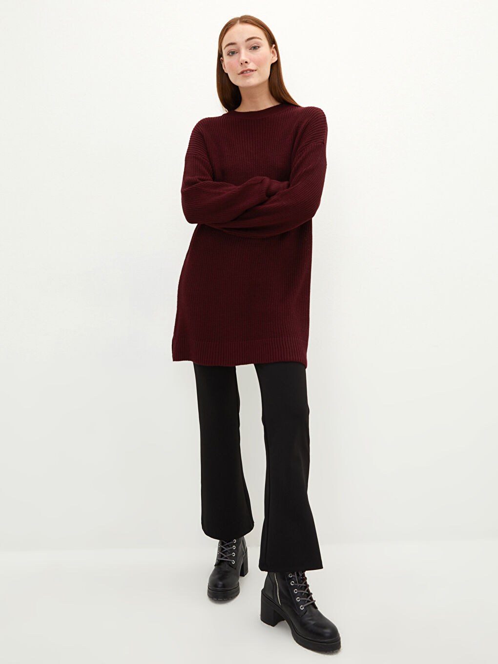 Kahverengi Bisiklet Yaka Düz Uzun Kollu Kadın Triko Tunik-2