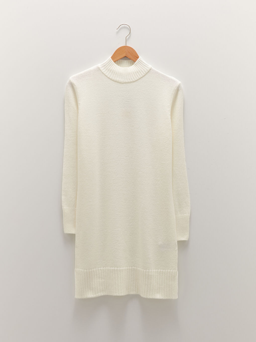 Ekru Yarım Balıkçı Yaka Düz Uzun Kollu Kadın Triko Tunik-4