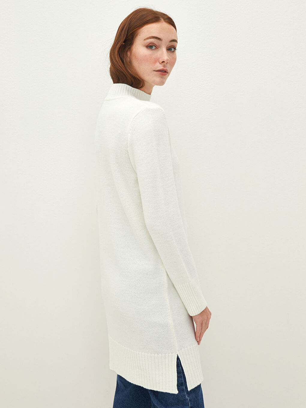 Ekru Yarım Balıkçı Yaka Düz Uzun Kollu Kadın Triko Tunik