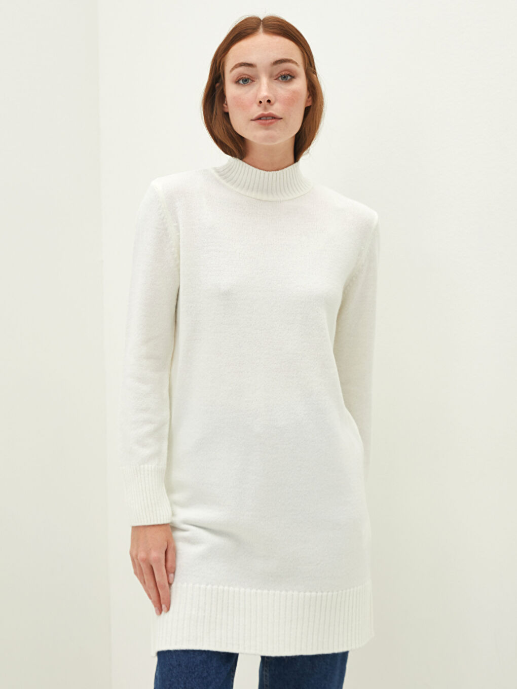 Ekru Yarım Balıkçı Yaka Düz Uzun Kollu Kadın Triko Tunik-1