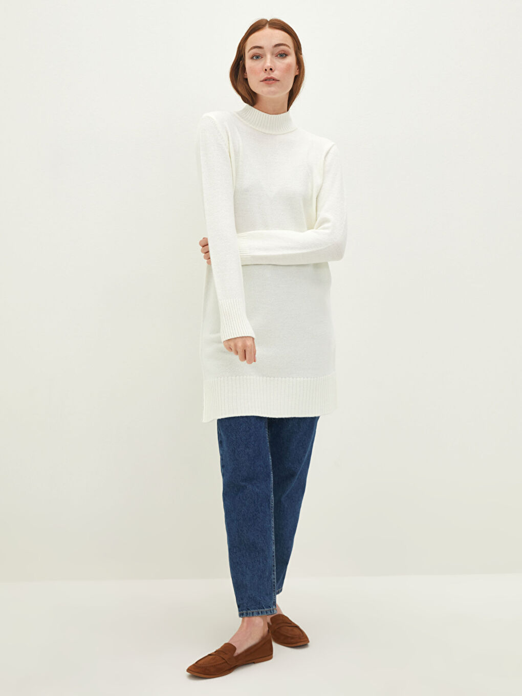 Ekru Yarım Balıkçı Yaka Düz Uzun Kollu Kadın Triko Tunik-2