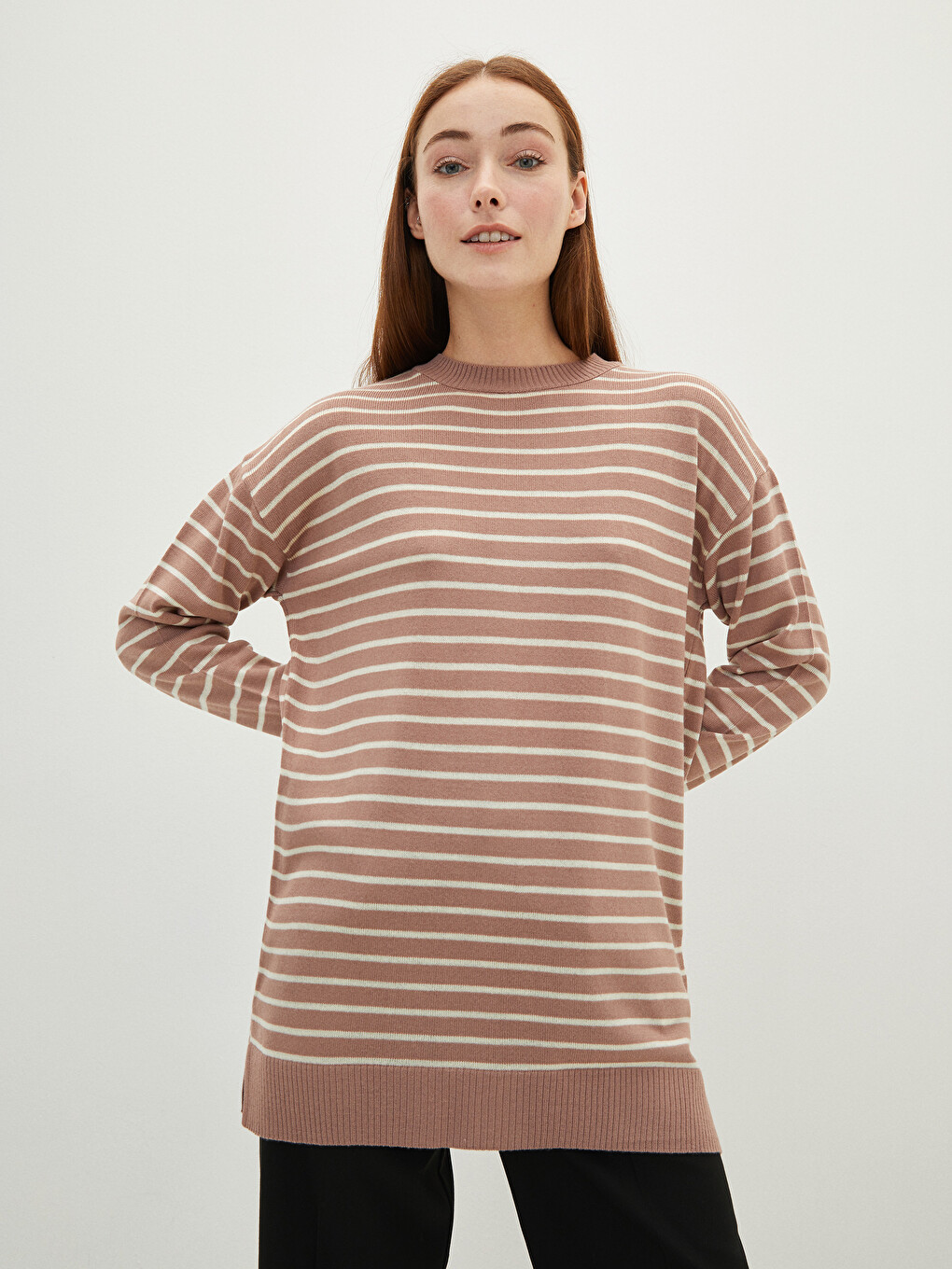 Crew Neck Striped Oversize Women's Knitwear Tunic-1