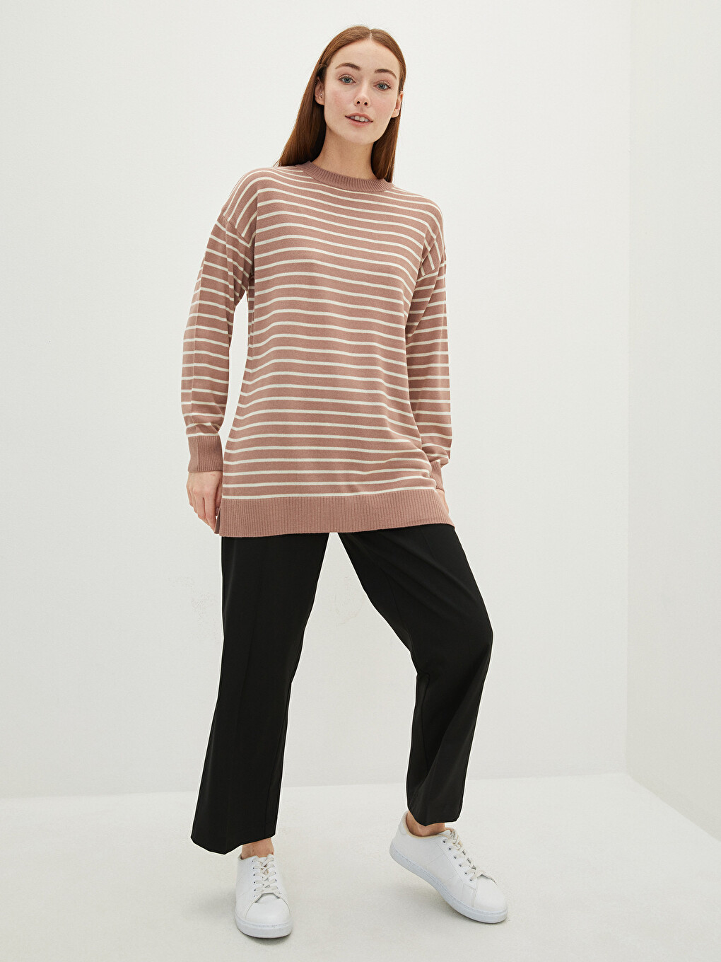 Crew Neck Striped Oversize Women's Knitwear Tunic-3