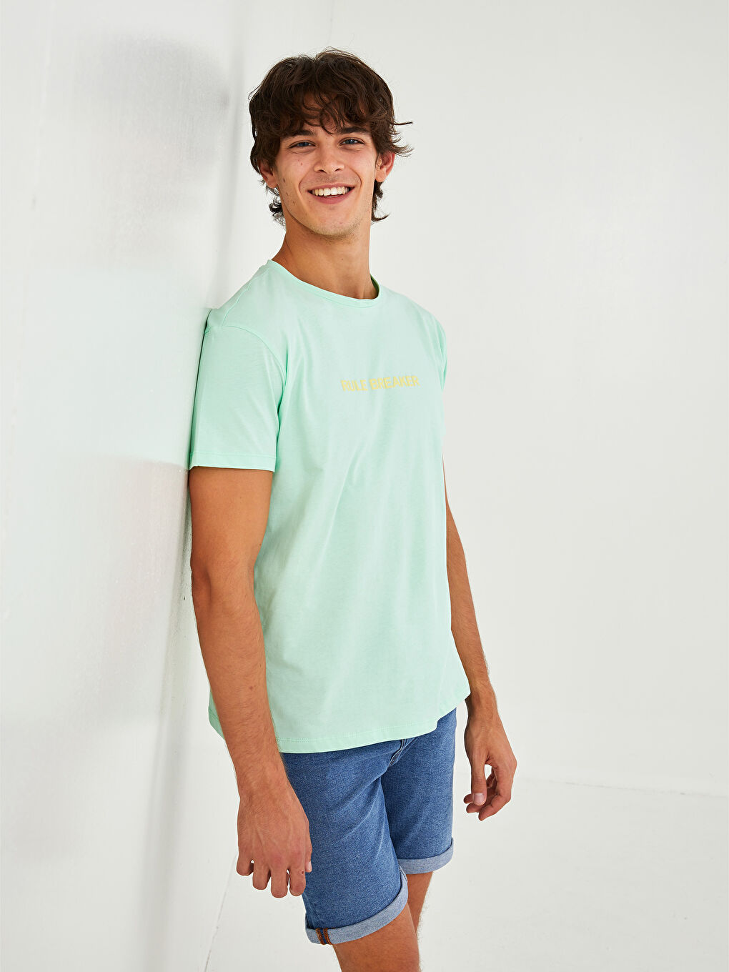 Yeşil Bisiklet Yaka Kısa Kollu Baskılı Penye Erkek Tişört-1