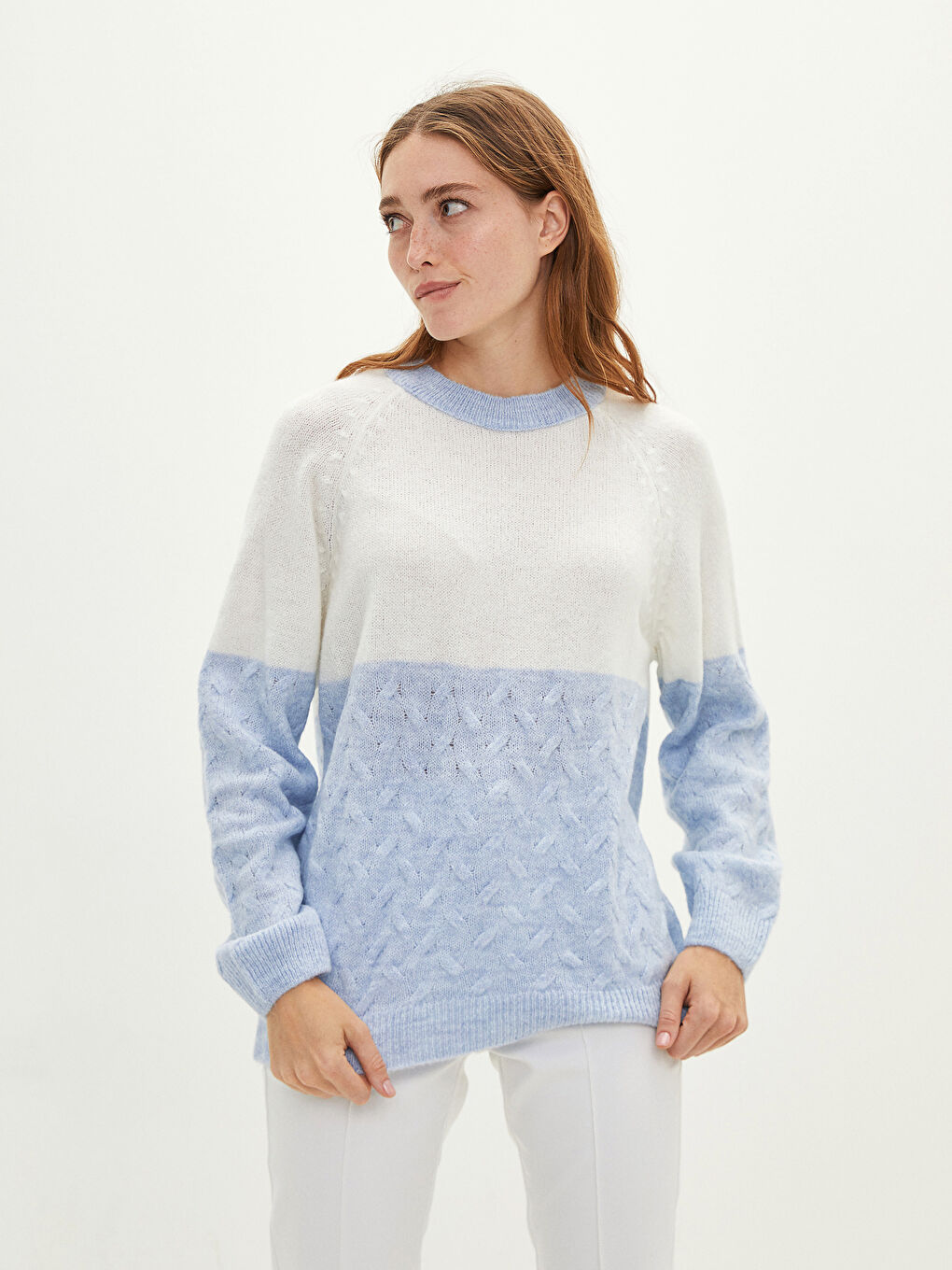 Пуловер с кръгло деколте, цветен блок и дълъг ръкав за жени-1