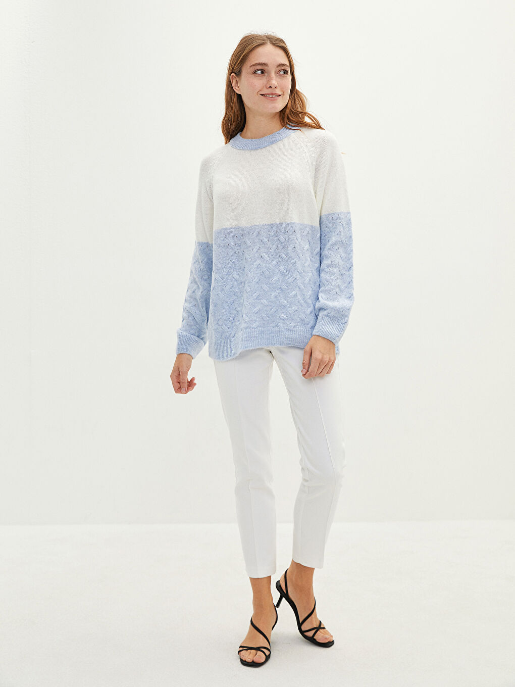 Пуловер с кръгло деколте, цветен блок и дълъг ръкав за жени-3