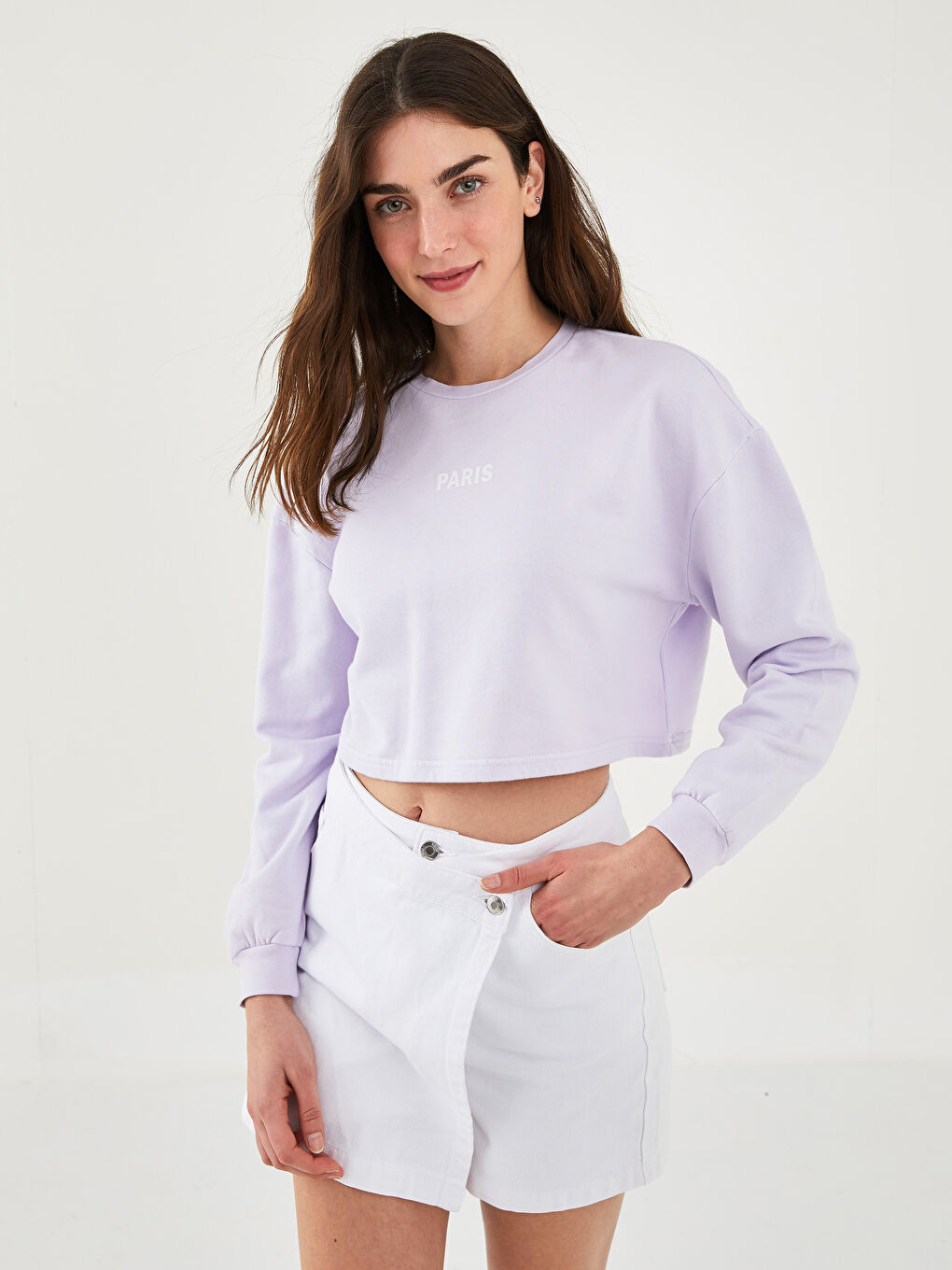 Lila Bisiklet Yaka Baskılı Kadın Kalın Sweatshirt