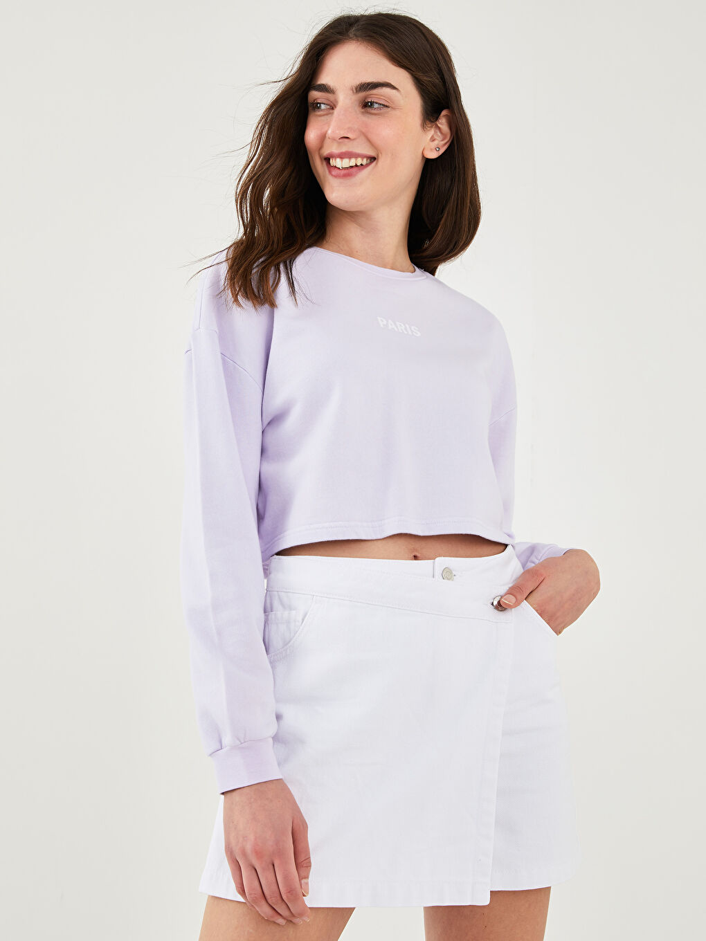 Lila Bisiklet Yaka Baskılı Kadın Kalın Sweatshirt-1