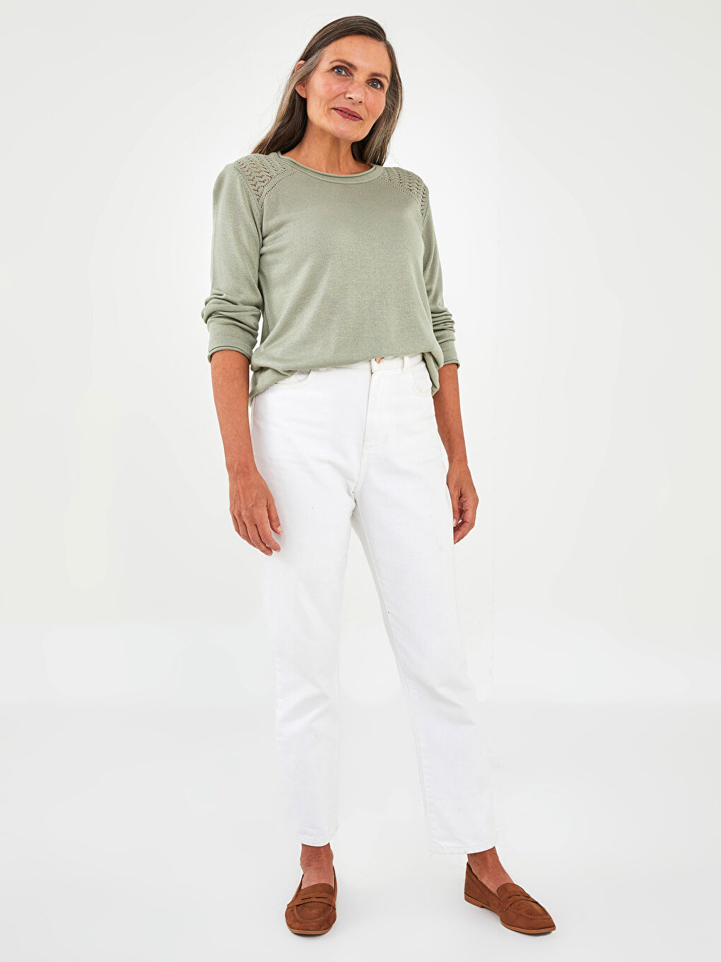 سترة تريكو ياقة دائرية مخرّمة كم طويل للسيدات-2