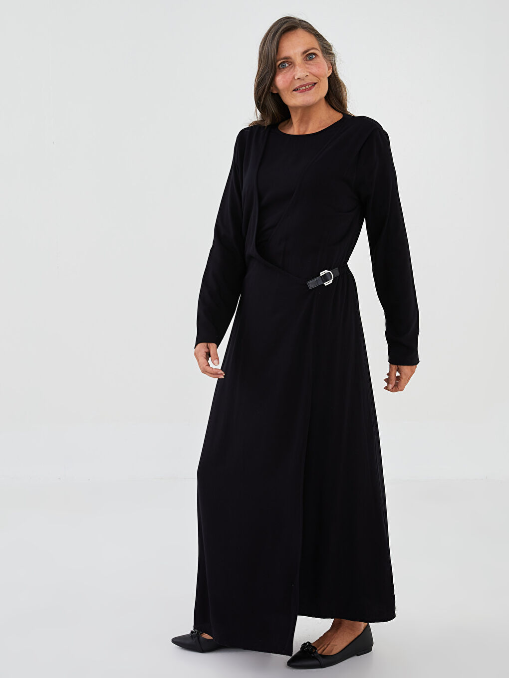 Siyah Bisiklet Yaka Düz Uzun Kollu A Kesim Viskon Kadın Elbise-1