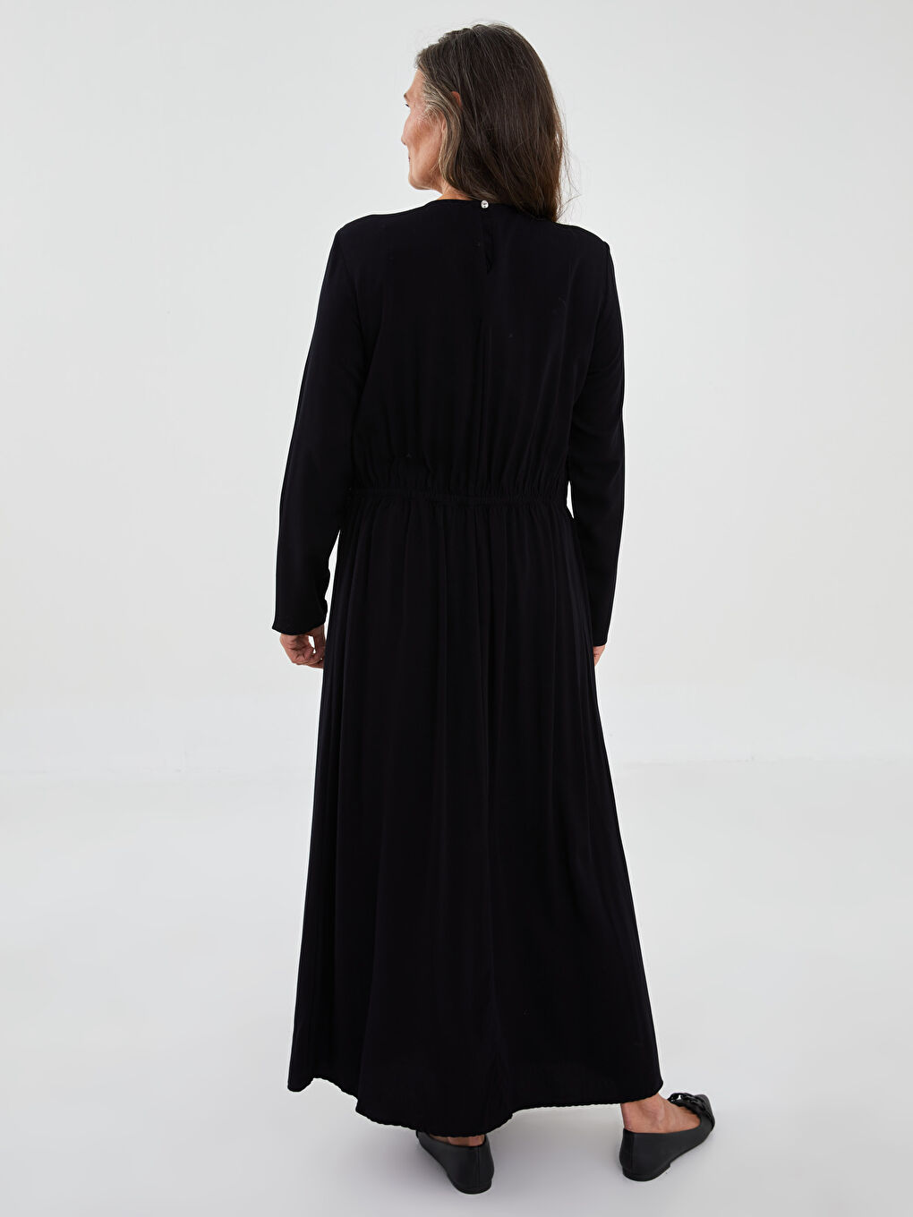 Siyah Bisiklet Yaka Düz Uzun Kollu A Kesim Viskon Kadın Elbise-4