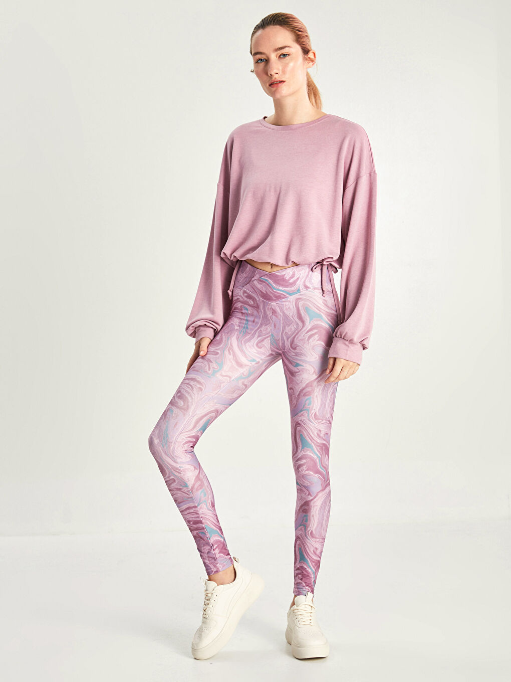 Pembe Beli Lastikli Desenli Kadın Spor Tayt-1